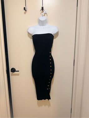JLUXLABEL Black Strapless Ribbed Midi Dress with Gold Buttons